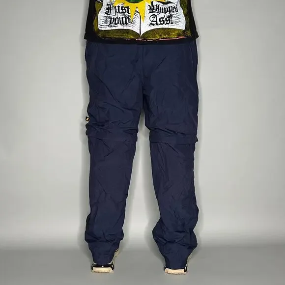 Vintage Starter Track Pants Navy Blue Nylon Sweatpants Yellow Baggy Wide Leg Y2K - Picture 3 of 4